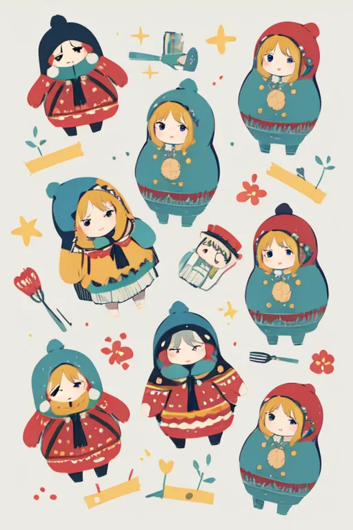 The image contains 9 cartoon characters. They are all drawn in a chibi style and have round heads and big eyes. The characters are all wearing different colored coats and hats. Some of them are also holding different objects, such as a flower, a fork, or a hammer. The characters are arranged in a grid pattern, with three characters on each row. The background is a light beige color, and there are some small flowers and stars drawn around the characters.