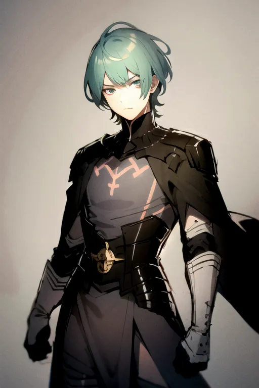 This is an image of a young man with green hair and blue eyes. He is wearing a black and grey outfit with a white cape. He has a determined expression on his face and is standing in a confident pose. He appears to be a character from the Fire Emblem video game series.