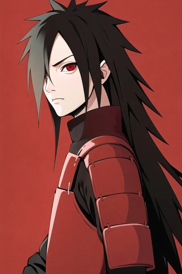 The image is of Madara Uchiha, a character from the anime series Naruto. He is shown with his long black hair and red eyes, wearing a black and red outfit with a red and white armor. He is looking to the side with a serious expression on his face.