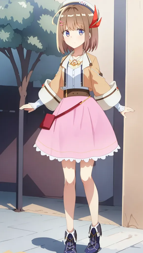 The image shows an anime-style girl with brown hair and blue eyes. She is wearing a brown jacket, a pink skirt, and brown boots. She is also wearing a red and white hat. She is standing in a street with a tree in the background.