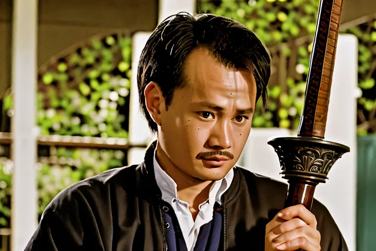 The image shows a man holding a sword. He is wearing a black jacket and a white shirt. He has a mustache and a serious expression on his face. He is standing in front of a blurry background.