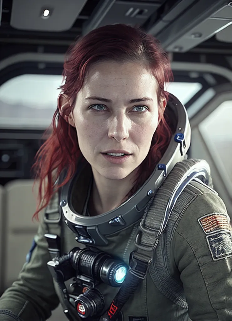 This is an image of a young woman in a spacesuit with red hair and green eyes. She is looking at the camera with a serious expression. She is wearing a light-colored spacesuit with a dark-colored undersuit. The spacesuit has a clear bubble helmet and a variety of equipment attached to it, including a backpack, a flashlight, and a radio. The woman is also wearing a patch on her arm with the American flag and the letters "NASA".