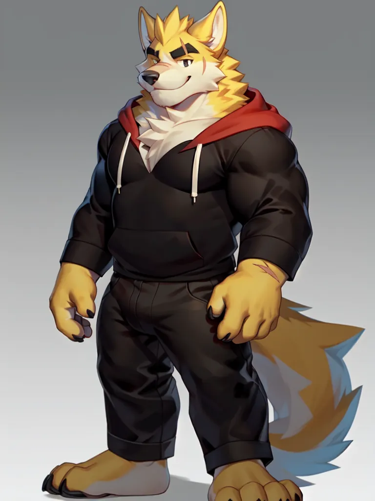 The image is of a muscular anthropomorphic wolf. He is standing with his feet shoulder-width apart, his hands resting on his hips. He is wearing a black hoodie with a red hood and black pants. His fur is yellow, and he has a white belly and paws. His eyes are a light blue color. He has a friendly expression on his face. The background is a light gray color.