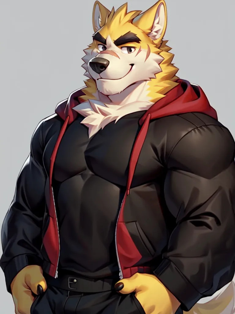 The image is of a muscular anthropomorphic wolf. He has yellow fur with black and white markings on his face, arms, and legs. He is wearing a black hoodie with a red zipper and black pants. He has a confident expression on his face and is standing with his hands in his pockets. His muscles are bulging out of his shirt, showing off his strength. He has a large, bushy tail that is wagging happily behind him.