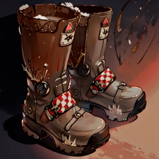 This is a pair of brown leather boots. The tops of the boots are folded down, and the tops of the boots are trimmed with white fur. There is a red and white checkered strap around the ankle. The soles of the boots are thick and lugged.