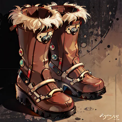 A pair of brown leather boots with white fur lining the top. The boots are decorated with various buckles, straps, and buttons. The soles of the boots are made of a light brown material.