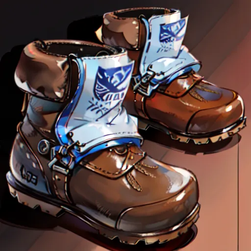 The image shows a pair of brown leather boots. The boots have black soles and brown laces. The tops of the boots are folded down, revealing a blue and white striped lining. There is a blue strap with a silver buckle around the ankle. The boots are decorated with a white patch with a blue and black symbol on the side.