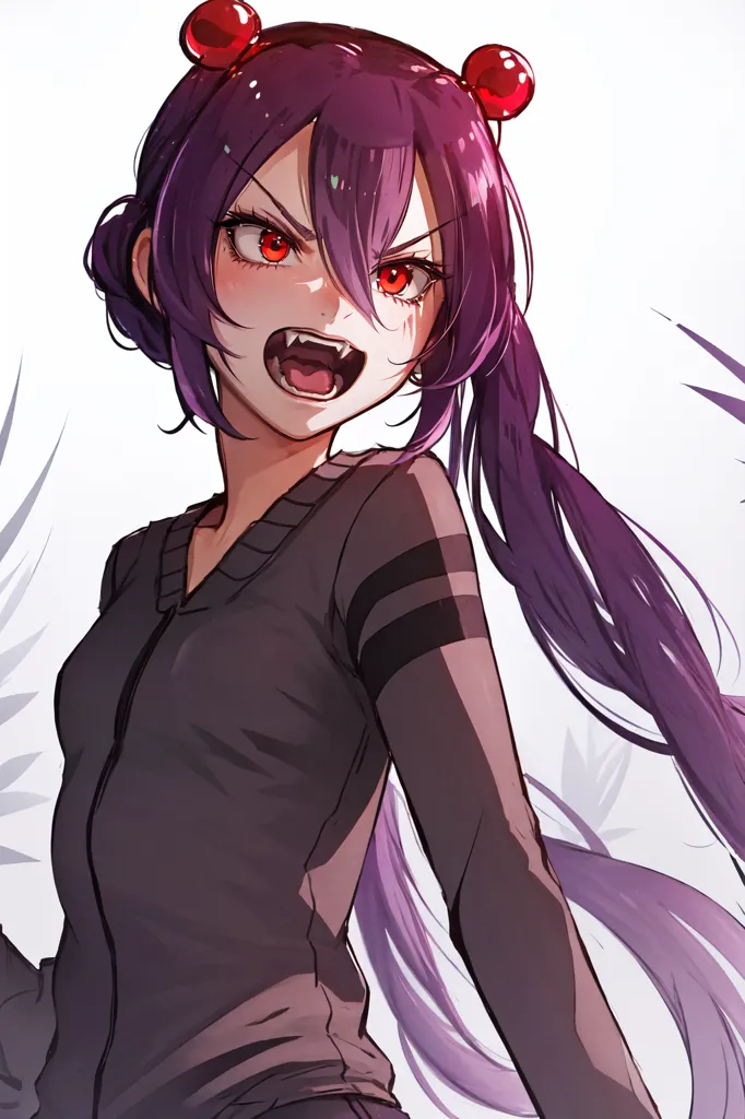 The image shows an anime-style girl with purple hair and red eyes. She is wearing a black sweatshirt and has her hair in a ponytail. She has a pair of red horns on her head and her mouth is open in a snarl, showing her sharp teeth. The background is white and there are some faint grey lines in the background.