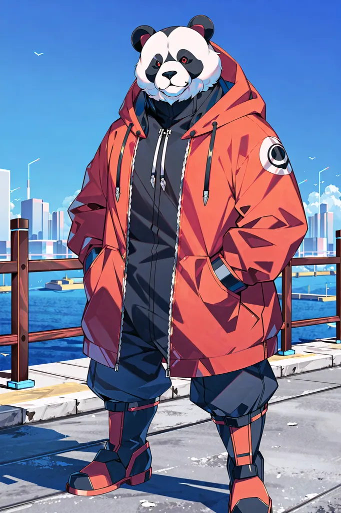 This image shows a humanoid panda wearing a red and black jacket with a white circle on the arm. The panda is standing on a pier with a cityscape in the background. The panda has black pants and red and black shoes. The panda is looking at the viewer with a slight smile on its face.