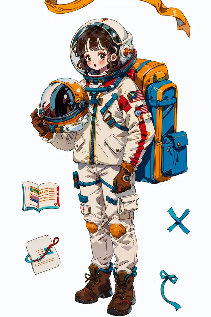 This is an image of a young girl in a spacesuit. She is wearing a white spacesuit with a red and blue pattern on the shoulders. She has a brown backpack on her back and a brown belt around her waist. She is also wearing a brown helmet with a clear visor. The girl is standing on a white surface, and there is a white background behind her. There are some colorful ribbons and papers floating around her.