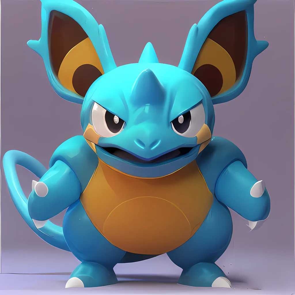 The image shows a 3D model of a Pokémon character. It is a blue and yellow creature with big ears and a friendly expression on its face. It is standing on two legs and has its arms outstretched in front of it. The background is a light gray color