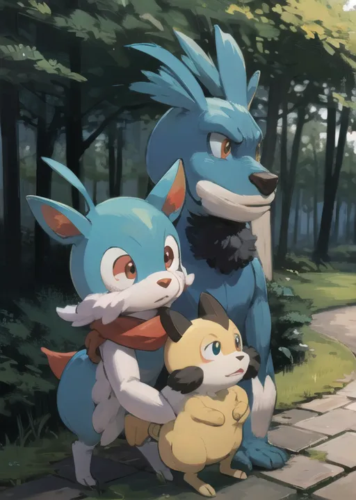 The image shows three Pokémon in a forest setting. There is a blue dog-like Pokémon, a blue and white rabbit-like Pokémon, and a yellow mouse-like Pokémon. The dog-like Pokémon has a stern expression on its face, the rabbit-like Pokémon looks concerned, and the mouse-like Pokémon looks