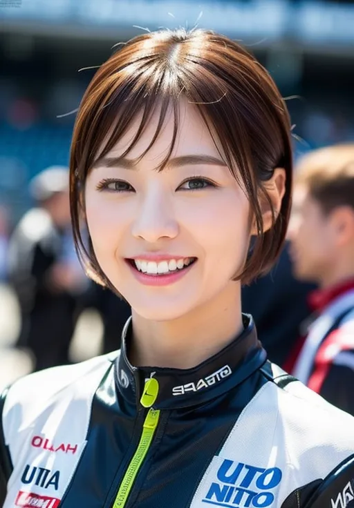 This is a picture of a young Japanese woman. She has short brown hair and bangs. Her eyes are brown and she has a bright smile on her face. She is wearing a black and green jacket. She looks like she is in her early 20s.