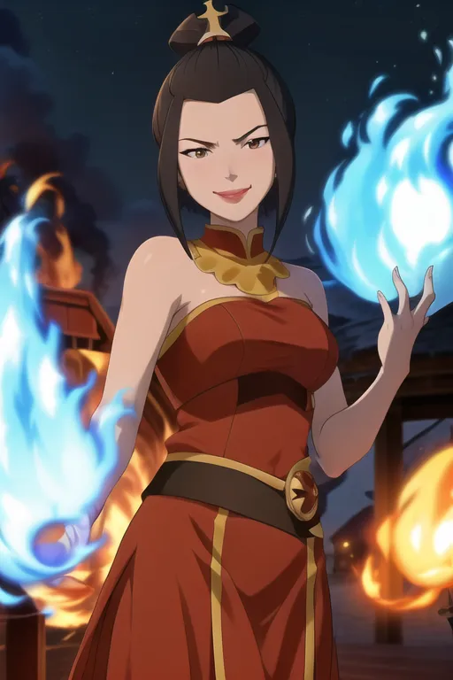 The image shows a young woman, Azula, from the animated TV series Avatar: The Last Airbender. She is standing in a confident pose, with her feet shoulder-width apart and her hands outstretched. She is wearing a red and yellow dress, and her hair is tied up in a bun. Her eyes are glowing yellow, and she is surrounded by blue flames.