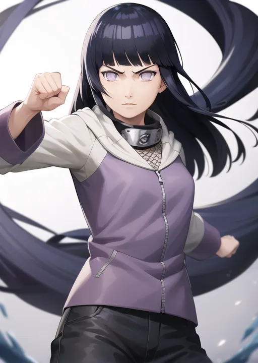 This is an image of a young kunoichi from the anime series Naruto. She has long black hair, purple eyes, and a fair complexion. She is wearing a purple jacket, black pants, and a Konohagakure forehead protector. She is in a fighting stance, with her left fist raised and her right hand on her kunai pouch. Her expression is serious and determined. The background is a simple white void.