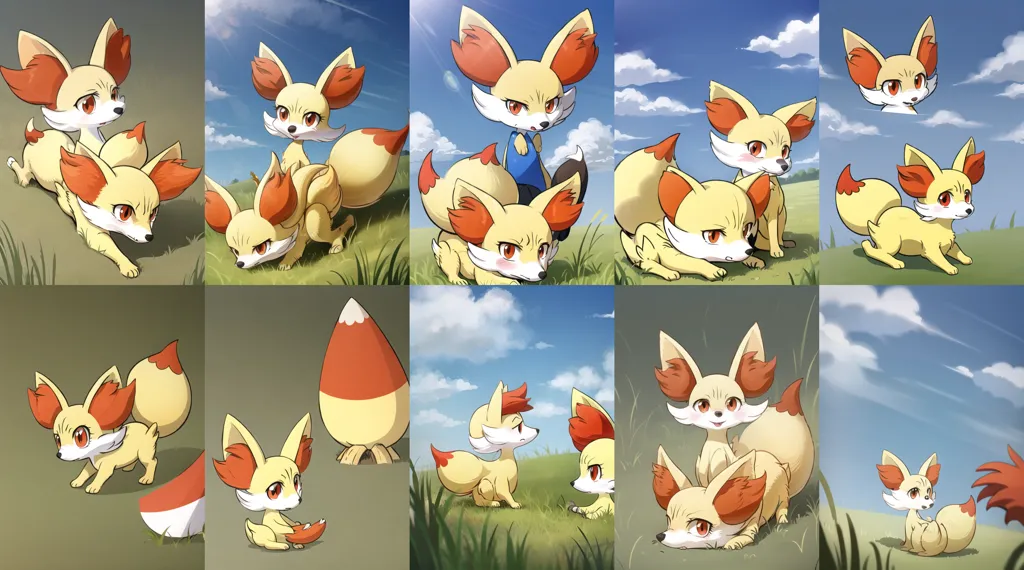 The image shows a group of cartoon foxes in a grassy field. There are nine foxes in total. They are all different colors, but they all have the same basic appearance. They have long, bushy tails, pointed ears, and big eyes. The foxes are all in different poses. Some are standing, some are sitting, and some are running. They are all looking at the viewer. In the background, there are green hills and a blue sky.