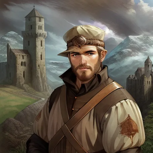 This is a picture of a man with brown hair and a beard. He is wearing a brown shirt and a white hat. He has a sword on his hip and a pouch on his belt. He is standing in front of a castle.