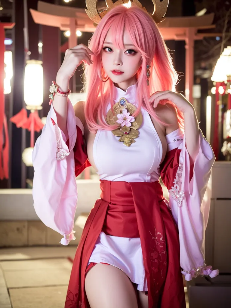 The image is of a young woman dressed in a revealing kimono-style outfit. The outfit is white and red, with pink and gold accents. The woman has long pink hair and pink eyes. She is wearing a lot of makeup, including pink eyeshadow and red lipstick. She is also wearing a number of accessories, including a necklace, earrings, and bracelets. The woman is standing in a seductive pose, with her hand on her hip and her other hand holding a fan. She is looking at the viewer with a knowing smile. The image is set in a traditional Japanese-style room, with paper lanterns and tatami mats.