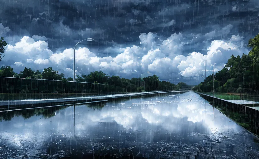 这张图片是一张雨天路面的照片。路面湿润,反射着路灯的光芒。路两侧的树木郁郁葱葱。天空阴暗多云,雨水正在大量降落。这幅图像营造了一种非常有气氛的雨天感受。