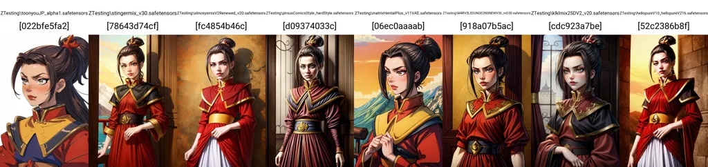 The image shows a grid of 8 images of a cartoon character, Azula from Avatar the Last Airbender. She is shown in different poses and outfits, all of which are red and gold. She has a stern expression on her face and is looking to the left in all of the images.