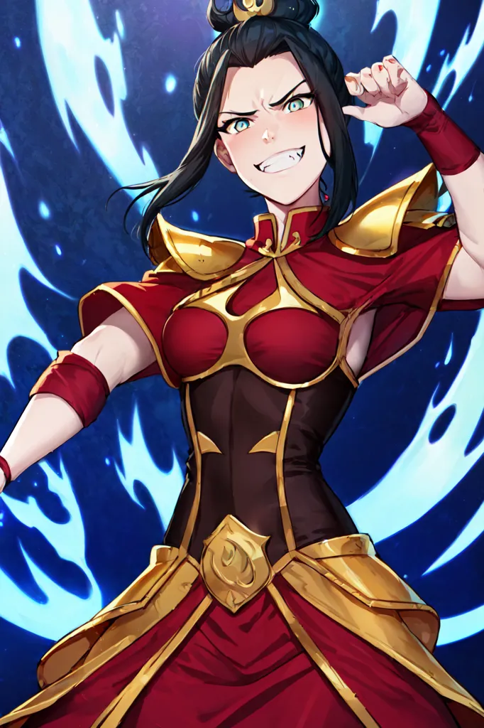 The image is of Azula from Avatar: The Last Airbender. She is a young woman with long black hair and amber eyes. She is wearing a red and gold outfit, and she is in a fighting stance. She has a smirk on her face, and she is surrounded by blue flames.