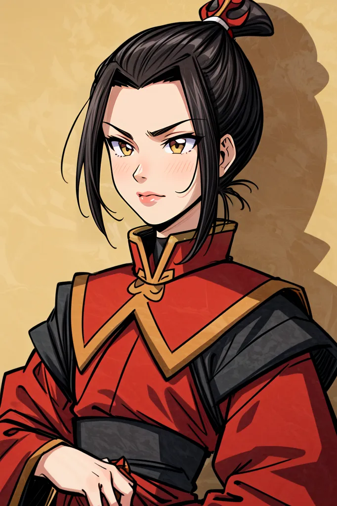 The image is of Azula from Avatar the Last Airbender. She is a young woman with long black hair and yellow eyes. She is wearing a red and black kimono-style outfit with a white sash and her hair is tied up in a bun. She has a confident expression on her face and is looking at the viewer with a slight smirk. The background is a solid brown color.