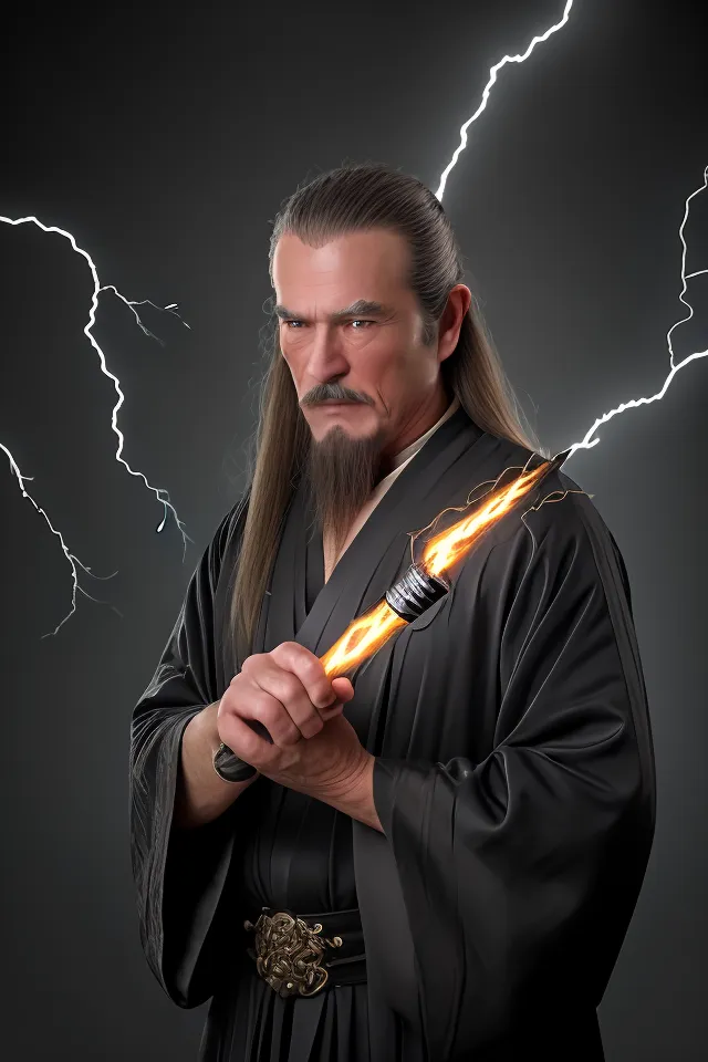 The image shows a man dressed in a black robe with long white hair and a beard. He is holding a sword with a yellow blade and lightning bolts are coming from the sword.