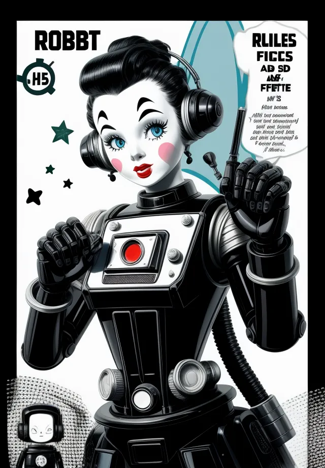 The image is a poster of a robot named Robbt H5. Robbt is a black and white robot with blue eyes and red lips. It is wearing a black and white suit and a pair of headphones. Robbt is holding a gun in its right hand. There is a small robot on the lower left corner of the poster. The poster is written in English and has the words \