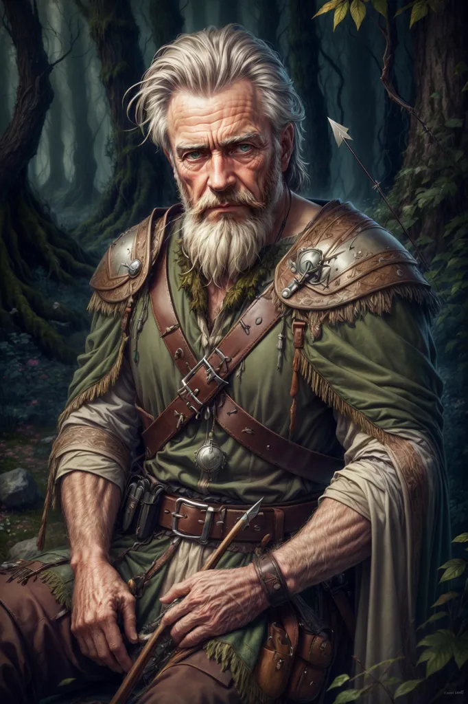 The image shows a man with long white hair and a beard. He is wearing a green shirt and brown pants. He has a quiver of arrows on his back and a bow in his hand. He is standing in a forest and looking at the viewer with an arrow nocked in his bow.