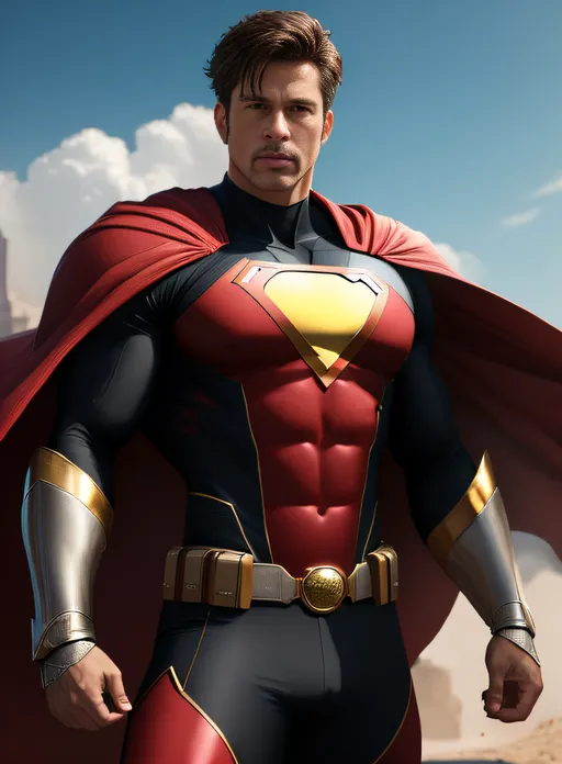 This is an image of a superhero. He is wearing a red and blue suit with a yellow belt and a yellow symbol on his chest. He has a red cape and his hair is dark brown. He is standing in a desert with a determined look on his face.