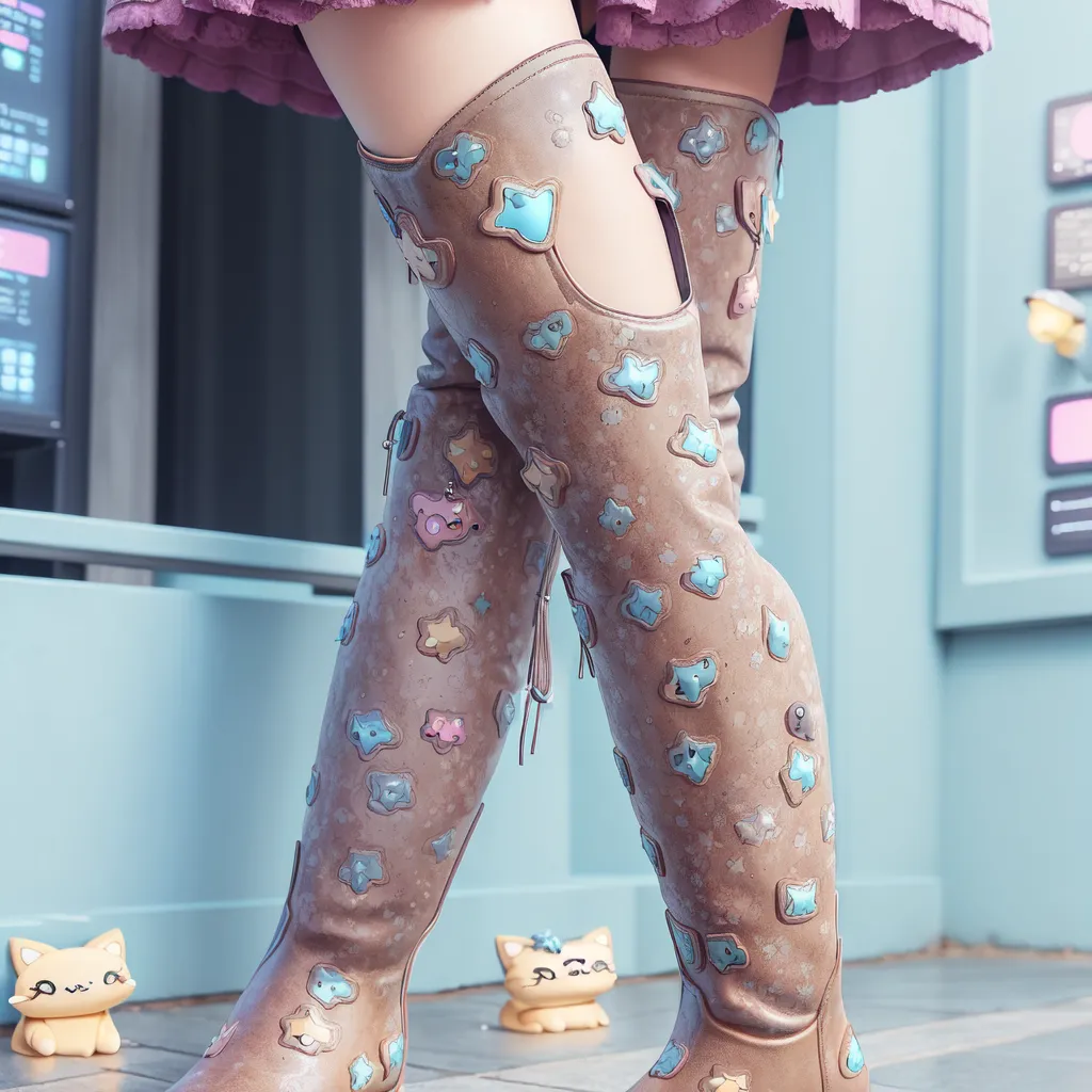 A person is wearing a pair of brown boots that are decorated with colorful stars and cat faces. The boots are high and have a cutout at the top. The person is also wearing a pink skirt and a white shirt. They are standing in front of a blue wall. There are two small cat figurines on the ground in front of the person.