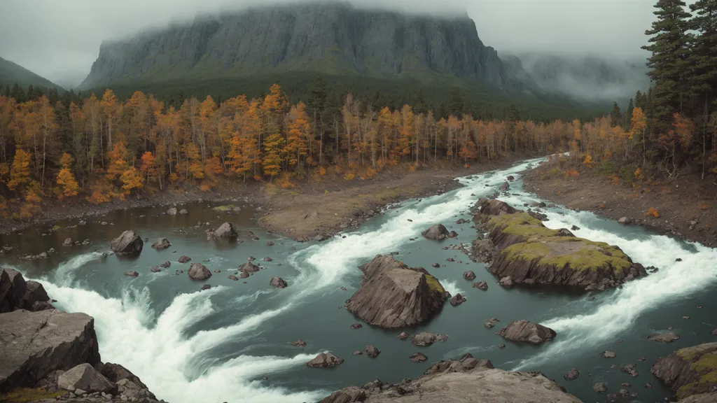 The image shows a wide river in a valley. The river is flowing over large rocks and creating rapids. The water is white and foamy. The banks of the river are covered in moss, grass, and trees. The trees are mostly green, but some are starting to turn yellow and orange. There is a large mountain in the background. The mountain is covered in snow. The sky is cloudy and there is a mist in the air.