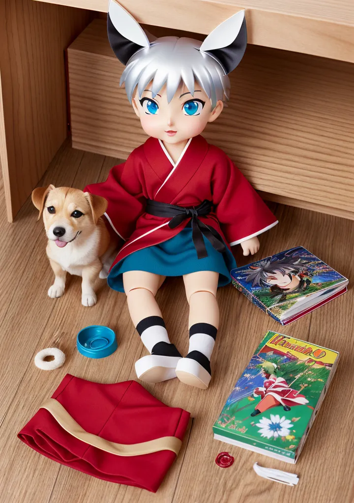 The image shows a doll with white hair and blue eyes wearing a red kimono and a blue hakama. The doll is sitting on the floor next to a small dog. There are several books and other objects on the floor around the doll. The doll is wearing a red and white striped sock on its left foot and a white sock on its right foot. The doll has a serious expression on its face.