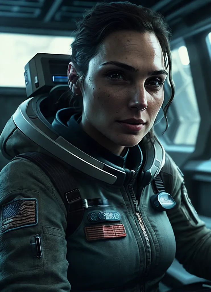 This is an image of a woman in a spacesuit with her helmet off. She has short dark hair and brown eyes. She is looking at the camera with a serious expression. She is wearing a green spacesuit with a white patch on her shoulder that says \