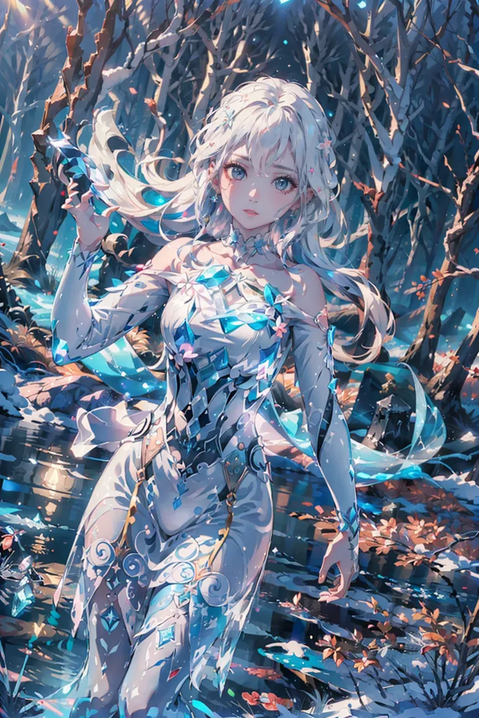 The image is of a beautiful anime girl with long white hair and blue eyes. She is wearing a white dress with blue and silver accents. The dress has a high collar and a long skirt with a slit. She is also wearing a pair of white gloves. The girl is standing in a forest, and there are trees and leaves all around her. The background is a blur of blue and green. The girl is looking at the viewer with a serious expression on her face.