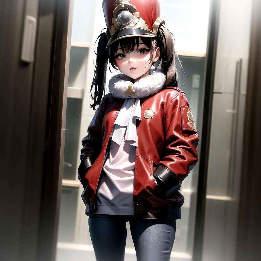 This is an image of an anime girl with brown hair and brown eyes. She is wearing a red jacket, a white shirt, and blue jeans. She also has a hat on. She is standing in a room with white walls and a gray floor. There are two doors in the room.