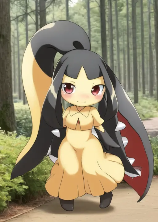 The image is of a Pokémon character. It is a small, bipedal creature with long, black hair and red eyes. It is wearing a yellow dress with a white collar. It has a long, prehensile tail with a red tip, and its feet are black with three toes each. It is standing in a forest setting, surrounded by tall grass and trees