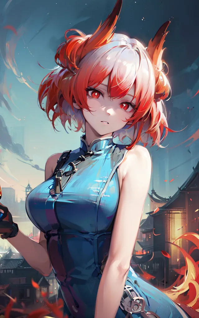 The image is a painting of a young woman with red and white hair. She is wearing a blue cheongsam with a white collar. The dress has golden buttons. She has red eyes and is looking at the viewer with a serious expression. She has fox ears and a fox tail. There are Chinese style buildings in the background