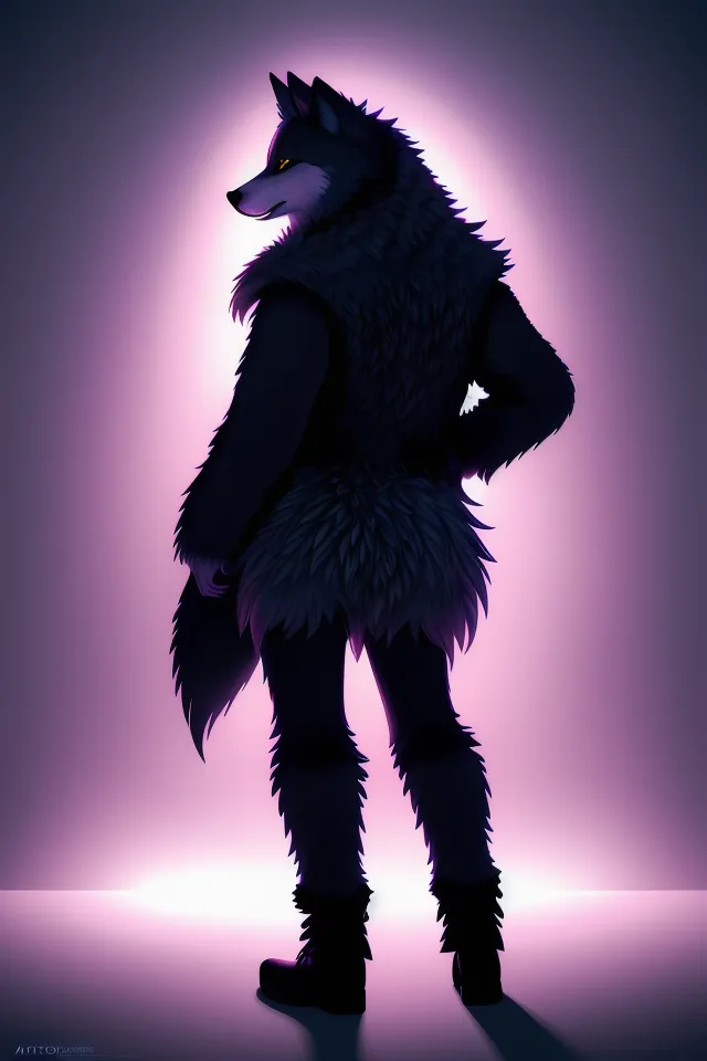 The image is of a muscular wolf standing on a purple background, looking to the left of the frame. The wolf is mainly black with gray and purple highlights on its fur. It is wearing a black leather harness and a pair of black boots. The wolf has a confident expression on its face, and its eyes are glowing yellow.