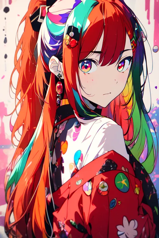 This is an image of an anime girl with long red, green, and blue hair and purple eyes. She is wearing a white shirt with colorful polka dots and a red jacket with pins on it. She has a black bow in her hair.