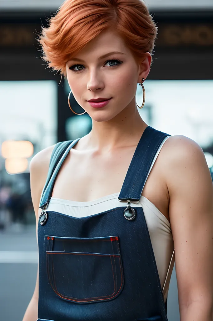 The image shows a young woman with short red hair and green eyes. She is wearing a white tank top and blue denim overalls. She has a friendly expression on her face and is looking at the camera. The background is blurred and out of focus.