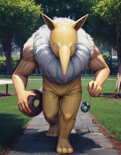 The image shows a muscular humanoid creature with the head of a Hypno, a Pokémon. It is walking down a park path, holding a yo-yo in one hand and a donut in the other. The creature is wearing a pair of yellow pants and has a white mane. Its skin is yellow, and its eyes are black. It has a long, pointed nose and a wide mouth. The creature is surrounded by trees and grass