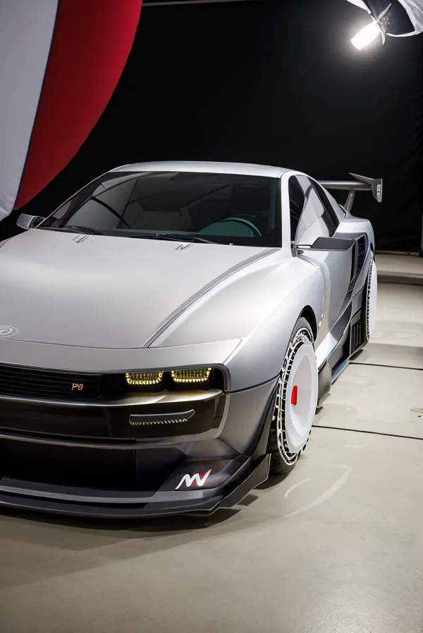 The image shows a silver sports car with a black background. The car has a sleek design with a long hood and a short trunk. It has a large front spoiler and a rear diffuser. The car is also equipped with a set of racing wheels and tires. The car is likely a concept car or a prototype, as it does not have any license plates or other markings.