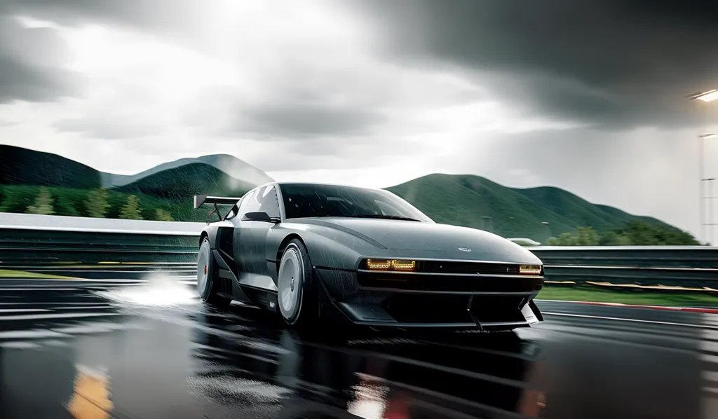 A grey sports car is speeding on a wet track. The car has a futuristic design, with a long hood, a short trunk, and a large rear spoiler. The car is also very low to the ground, and it has wide tires. The track is surrounded by mountains, and the sky is overcast. The car is moving very quickly, and it is kicking up water as it drives. The car is also leaving a trail of smoke behind it.