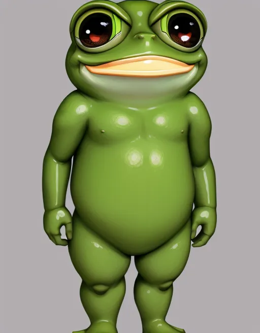 This is a 3D rendering of a humanoid frog. It has large, bulging eyes, a wide mouth, and a muscular build. Its skin is smooth and green, and it has a large belly and long, muscular legs. It is standing on two legs, with its arms hanging at its sides. It has a big smile on its face.