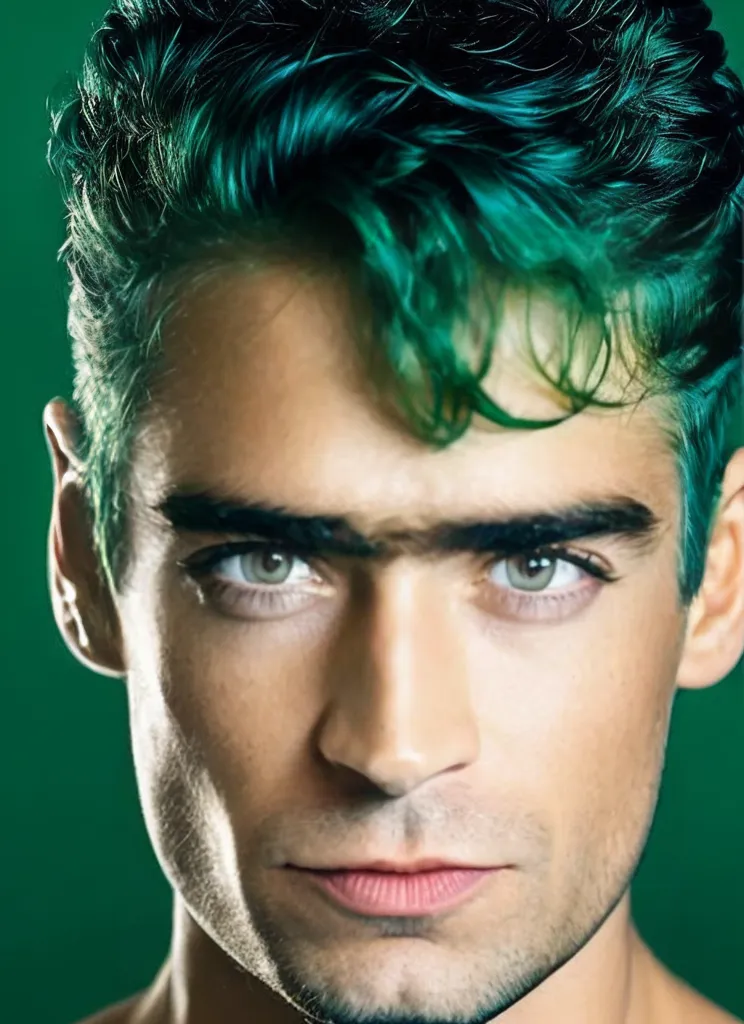 The image shows a man with green hair and green eyes. He has thick eyebrows and a strong jawline. He is looking at the camera with a serious expression. He is shirtless and has a green background.