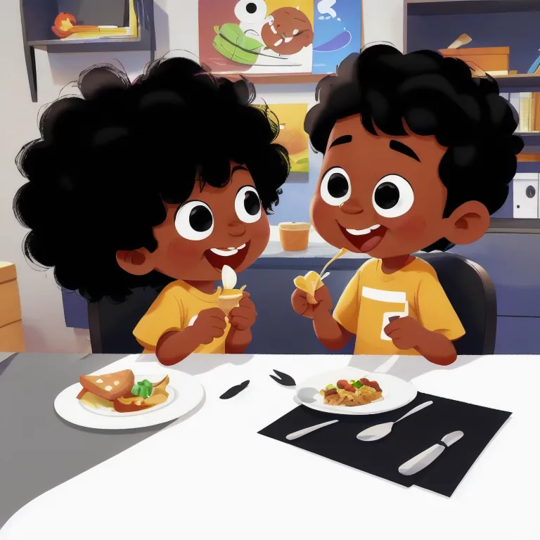 The image shows two young children sitting at a table and eating. The children are both smiling and have curly black hair. They are wearing yellow shirts. The table has a white tablecloth on it, and there are two plates of food on the table. The children are eating with forks. There is a picture on the wall behind them.