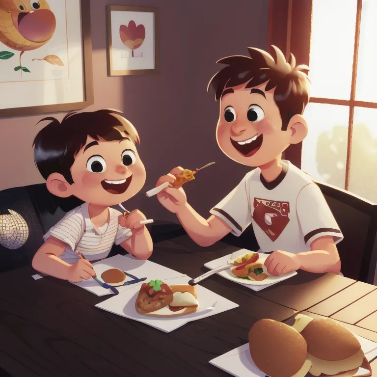 The image shows two children sitting at a table and eating. The boy on the left has short brown hair and is wearing a white shirt. He is holding a fork and a crayon and is drawing on a piece of paper. The boy on the right has short brown hair and is wearing a red shirt. He is holding a fork and a piece of chicken. There is food on the table. There is a picture of a flower on the wall.