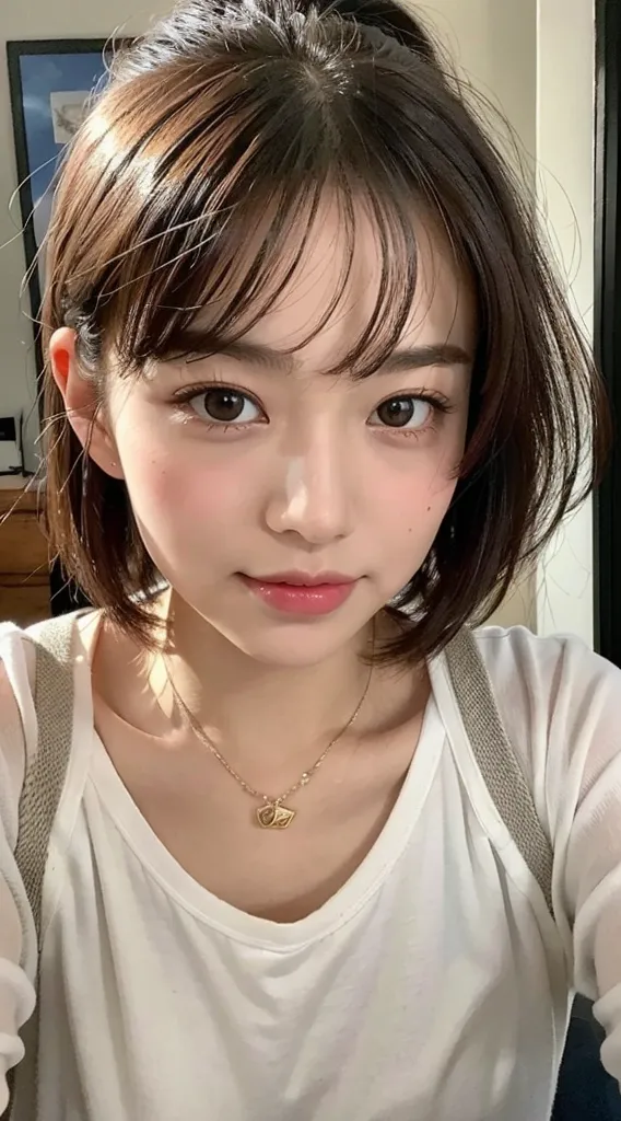 The image shows a young woman with short brown hair and bangs. Her hair is styled in a hime cut, with the sides being shorter than the back. The woman has brown eyes and is wearing light makeup. She is wearing a white shirt and a necklace. The woman is smiling and looking at the camera. She has a small mole on her right cheek.