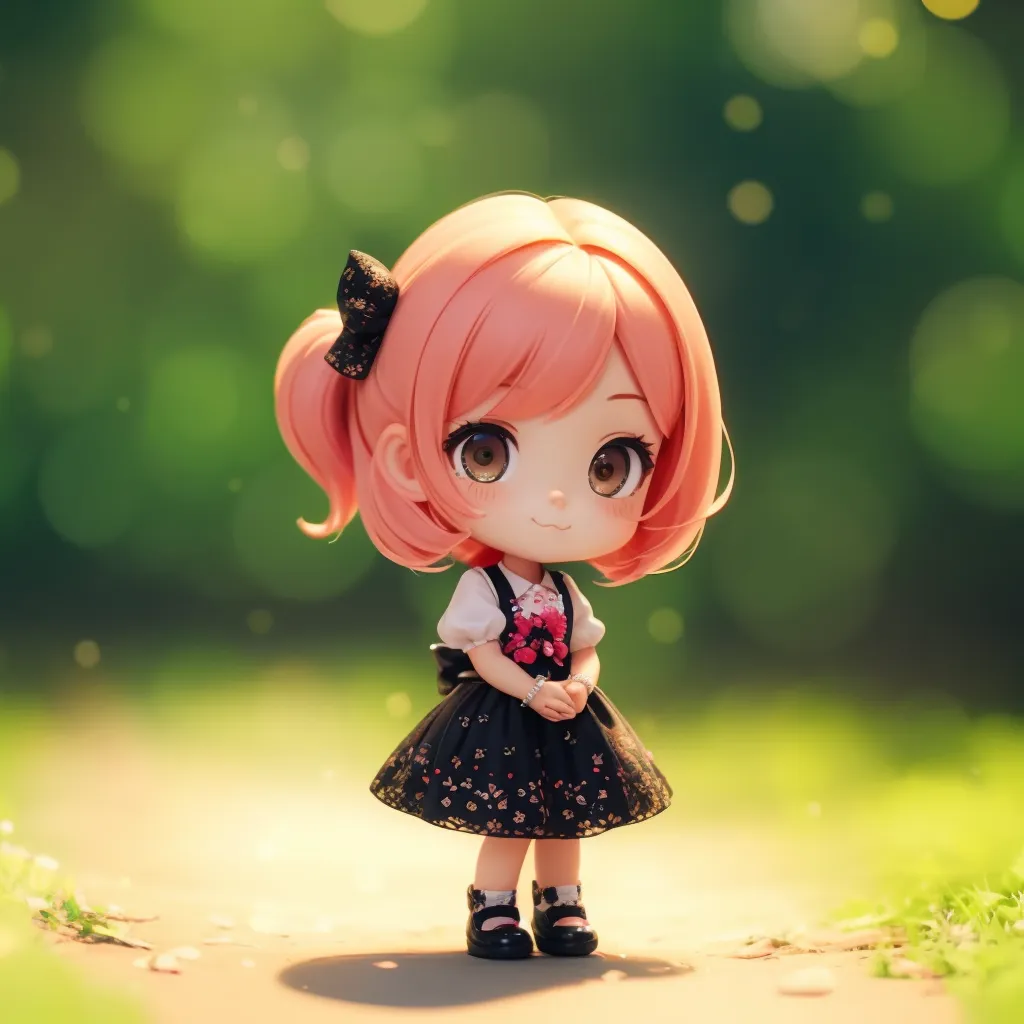 The image shows a cute anime girl with pink hair and brown eyes. She is wearing a black dress with white sleeves and a pink bow in her hair. She is standing in a field of green grass and there are some blurry green leaves in the background. The girl is smiling and looks happy.